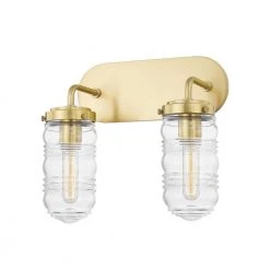 Clara 14.25 in. 2-Light Aged Brass Vanity Light with Clear Ribbed Glass Shade by Mitzi by Hudson Valley Lighting