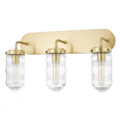Clara 24 in. 3-Light Aged Brass Vanity Light with Clear Ribbed Glass Shade by Mitzi by Hudson Valley Lighting