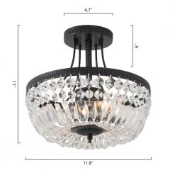 Portland 11.8 in. 3-Light Black Simple Bowl Semi-Flush Mount With Crystal Shade by Maxax -Maxax Elegant store black clear maxax flush mount lights 19179 3br 76 1000