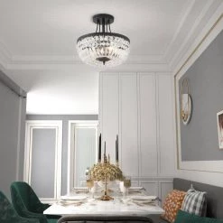 Portland 11.8 in. 3-Light Black Simple Bowl Semi-Flush Mount With Crystal Shade by Maxax -Maxax Elegant store black clear maxax flush mount lights 19179 3br c3 1000