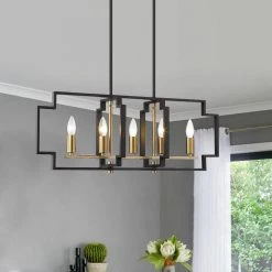 Hartford 5-Light Black / Gold Lantern/Kitchen Island Square/Rectangle Chandelier with Wrought Iron Accents by Maxax -Maxax Elegant store black gold maxax chandeliers mx1920 p5bg c3 1000