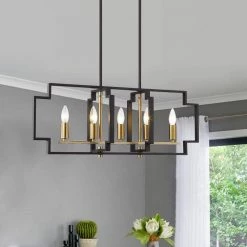 Hartford 5-Light Black / Gold Lantern/Kitchen Island Square/Rectangle Chandelier with Wrought Iron Accents by Maxax -Maxax Elegant store black gold maxax chandeliers mx1920 p5bg fa 1000