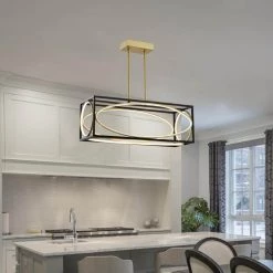 Boston 5 - Light Kitchen Black/Gold Island Square/Rectangle Integrated LED Chandelier by Maxax -Maxax Elegant store black gold maxax chandeliers mx2033 p30 4f 1000