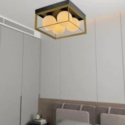 Raleigh 4-Light 13.98 in. Black/Gold Lantern Square/Rectangle Flush Mount With White Shade by Maxax -Maxax Elegant store black gold maxax flush mount lights mx21006 4bg 66 1000