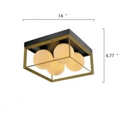 Raleigh 4-Light 13.98 in. Black/Gold Lantern Square/Rectangle Flush Mount With White Shade by Maxax -Maxax Elegant store black gold maxax flush mount lights mx21006 4bg 76 1000