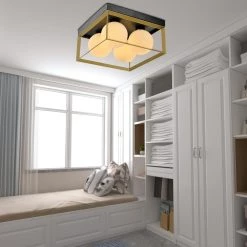 Raleigh 4-Light 13.98 in. Black/Gold Lantern Square/Rectangle Flush Mount With White Shade by Maxax -Maxax Elegant store black gold maxax flush mount lights mx21006 4bg c3 1000