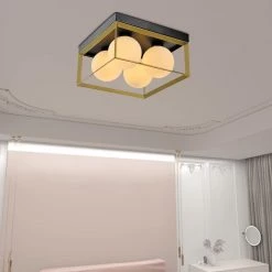 Raleigh 4-Light 13.98 in. Black/Gold Lantern Square/Rectangle Flush Mount With White Shade by Maxax -Maxax Elegant store black gold maxax flush mount lights mx21006 4bg fa 1000