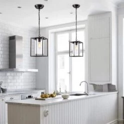 Lincoln 1-Light Black Lantern Rectangle Pendant With Glass Shade by Maxax -Maxax Elegant store black maxax chandeliers mx19047 1 p 4f 1000