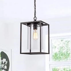 Lincoln 1-Light Black Lantern Rectangle Pendant With Glass Shade by Maxax