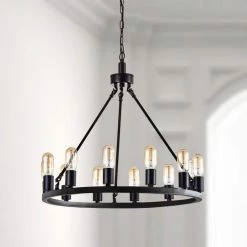 Bismarck 12 -Light Black Unique Wagon Wheel Chandelier with Wrought Iron Accents by Maxax