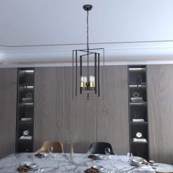 Alaska 4-Light Black Lantern and Candle Style Geometric Black and Gold Pendant With Wrought Iron Accents by Maxax -Maxax Elegant store black maxax chandeliers mx19117 4bg p fa 1000