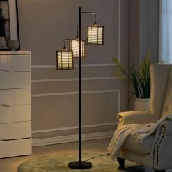 New York 65 in. Tree Black Floor Lamp With Rattan Shade by Maxax -Maxax Elegant store black maxax floor lamps f65 bk 76 1000