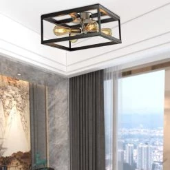 Springfield 4-Light 15 in. Black Lantern Square/Rectangle Flush Mount by Maxax -Maxax Elegant store black maxax flush mount lights mx21030 4bk fa 1000