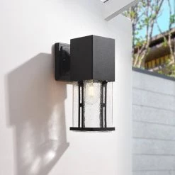 Hawaii 11 in. H Black Seeded Glass Hardwired Outdoor Wall Lantern Sconce with Dusk to Dawn (Set of 2) by Maxax -Maxax Elegant store black maxax outdoor sconces 2262 2w 1f 1000