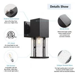 Hawaii 11 in. H Black Seeded Glass Hardwired Outdoor Wall Lantern Sconce with Dusk to Dawn (Set of 2) by Maxax -Maxax Elegant store black maxax outdoor sconces 2262 2w 40 1000