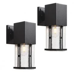 Hawaii 11 in. H Black Seeded Glass Hardwired Outdoor Wall Lantern Sconce with Dusk to Dawn (Set of 2) by Maxax