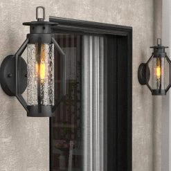Hawaii 12 in. H Black Seeded Glass Hardwired Outdoor Wall Lantern Sconce with Dusk to Dawn (Set of 2) by Maxax