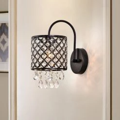 Indianapolis 1-Light Dimmable Black Armed Sconce with Crystal Accents (Set of 2) by Maxax -Maxax Elegant store black maxax wall sconces mxsu 4 1 w 44 1000