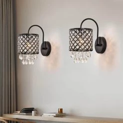 Indianapolis 1-Light Dimmable Black Armed Sconce with Crystal Accents (Set of 2) by Maxax -Maxax Elegant store black maxax wall sconces mxsu 4 1 w c3 1000