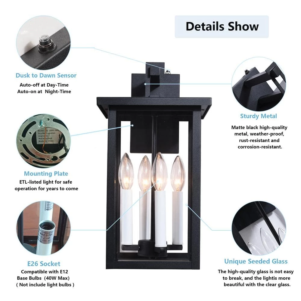Hawaii 16.7 in. H 4-Bulb Black / White Hardwired Outdoor Wall Lantern Sconce with Dusk to Dawn by Maxax 6 Hawaii 16.7 in. H 4-Bulb Black / White Hardwired Outdoor Wall Lantern Sconce with Dusk to Dawn by Maxax - Image 6