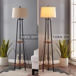 New York 65 in. Wood Grain and Black Metal Floor Lamp with Table Shelves by Maxax -Maxax Elegant store black wood maxax floor lamps f66 wd 76 1000