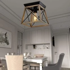 Springfield 1 - Light 9.05'' Black/Wood Unique/Statement Square/Rectangle Flush Mount by Maxax -Maxax Elegant store black wood maxax flush mount lights mx21009 1wd 44 1000