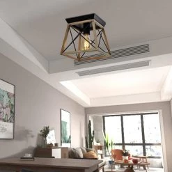 Springfield 1 - Light 9.05'' Black/Wood Unique/Statement Square/Rectangle Flush Mount by Maxax -Maxax Elegant store black wood maxax flush mount lights mx21009 1wd c3 1000