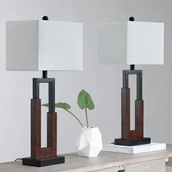 Montgomery 30 in. Wood/Black Table Lamp Set With USB (Set of 2) by Maxax -Maxax Elegant store black wood maxax table lamps t106 wg 1d 1000