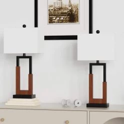 Montgomery 30 in. Wood/Black Table Lamp Set With USB (Set of 2) by Maxax