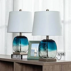 Richmond 20.5 in. Blue Table Lamp Set with USB (Set of 2) by Maxax