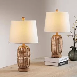 Heideman 21 in. Brown Bedside Natural Rattan Table Lamp Set (Set Of 2) by Maxax -Maxax Elegant store brown maxax table lamps t124 nat 76 1000