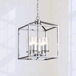 Springfield 4-Light Chrome Lantern Square/Rectangle Chandelier with Wrought Iron Accents by Maxax -Maxax Elegant store chrome maxax chandeliers mx19024 4ch p 4f 1000