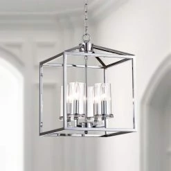 Springfield 4-Light Chrome Lantern Square/Rectangle Chandelier with Wrought Iron Accents by Maxax