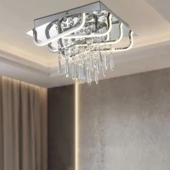 Jackson 4-Light 13 in. Chrome square Integrated LED Semi-Flush Mount with Crystal by Maxax -Maxax Elegant store chrome maxax flush mount lights 6503 6ch 66 1000