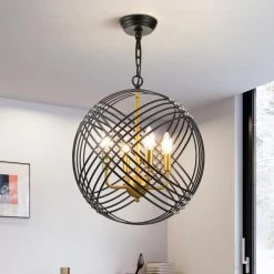 Frankfort 4 - Light Gold & Black Unique/Statement Globe Pendant with Crystal Accents by Maxax