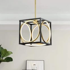 Boston 5-Light Black/Gold Lantern Square Integrated LED Chandelier by Maxax