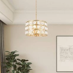 Indianapolis 4 -Light Unique/Statementand Kitchen Island Drum Glam Chandelier With Crystal Accents by Maxax -Maxax Elegant store gold maxax chandeliers 19172 4ab 4f 1000