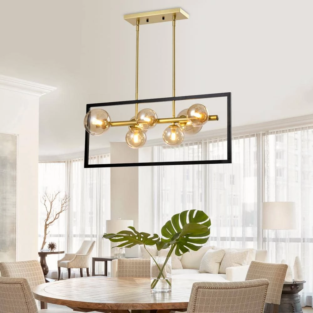 Harrisburg 7-Light Gold Kitchen Island Rectangle Chandelier with Hand Blown Glass Accents by Maxax 2 Harrisburg 7-Light Gold Kitchen Island Rectangle Chandelier with Hand Blown Glass Accents by Maxax - Image 2