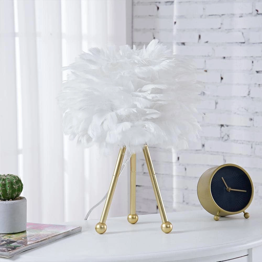 Columbus 14.5 in. Gold Tripod Table Lamp Set with White Feather by Maxax 1 Columbus 14.5 in. Gold Tripod Table Lamp Set with White Feather by Maxax