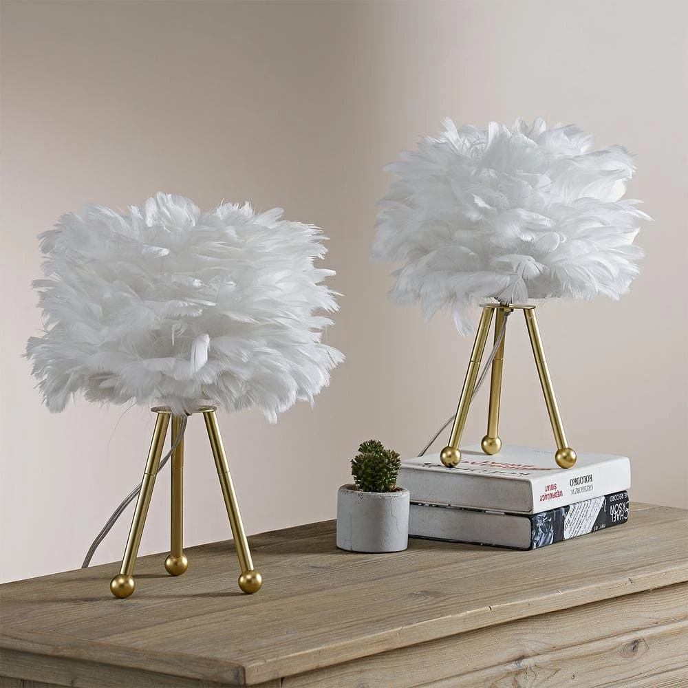 Columbus 14.5 in. Gold Tripod Table Lamp Set with White Feather by Maxax 3 Columbus 14.5 in. Gold Tripod Table Lamp Set with White Feather by Maxax - Image 3