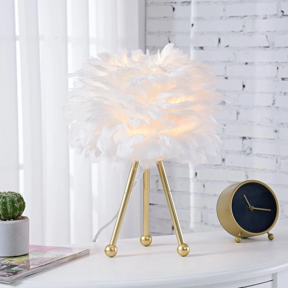 Columbus 14.5 in. Gold Tripod Table Lamp Set with White Feather by Maxax 2 Columbus 14.5 in. Gold Tripod Table Lamp Set with White Feather by Maxax - Image 2