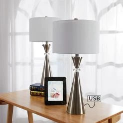Cincinati 28 .25" Nickel Table Lamp Set with USB and Crystal Accents (Set of 2) by Maxax