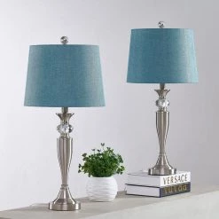 Cincinati 27 '' H Nickel Table Lamp With Blue Shade(Set of 2) by Maxax -Maxax Elegant store nickel maxax table lamps t109 bu c3 1000