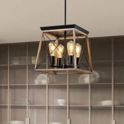 Springfield 4-Light Woold/Black Lantern Geometric Chandelier with Wrought Iron Accents by Maxax -Maxax Elegant store wood black maxax chandeliers mx21010 4wd 44 1000