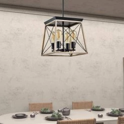 Springfield 4-Light Woold/Black Lantern Geometric Chandelier with Wrought Iron Accents by Maxax -Maxax Elegant store wood black maxax chandeliers mx21010 4wd 4f 1000