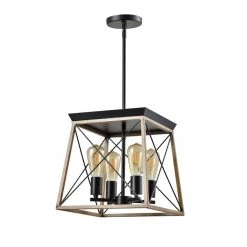 Springfield 4-Light Woold/Black Lantern Geometric Chandelier with Wrought Iron Accents by Maxax