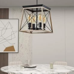 Springfield 4-Light Woold/Black Lantern Geometric Chandelier with Wrought Iron Accents by Maxax -Maxax Elegant store wood black maxax chandeliers mx21010 4wd 66 1000