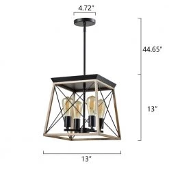 Springfield 4-Light Woold/Black Lantern Geometric Chandelier with Wrought Iron Accents by Maxax -Maxax Elegant store wood black maxax chandeliers mx21010 4wd c3 1000