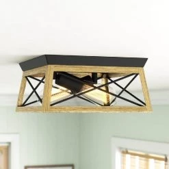 Springfield 2-Light 12.01 in. Wood/Black Metal Flush Mount by Maxax