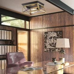 Springfield 2-Light 12.01 in. Wood/Black Metal Flush Mount by Maxax -Maxax Elegant store wood black maxax flush mount lights mx21008 2wd 66 1000